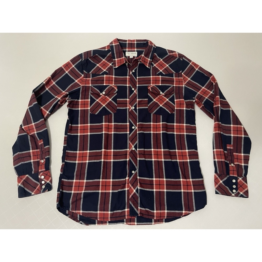 Tecovas Western Pearl Snap Shirt Men's L Red Blue Plaid Cowboy Ranch Cotton
